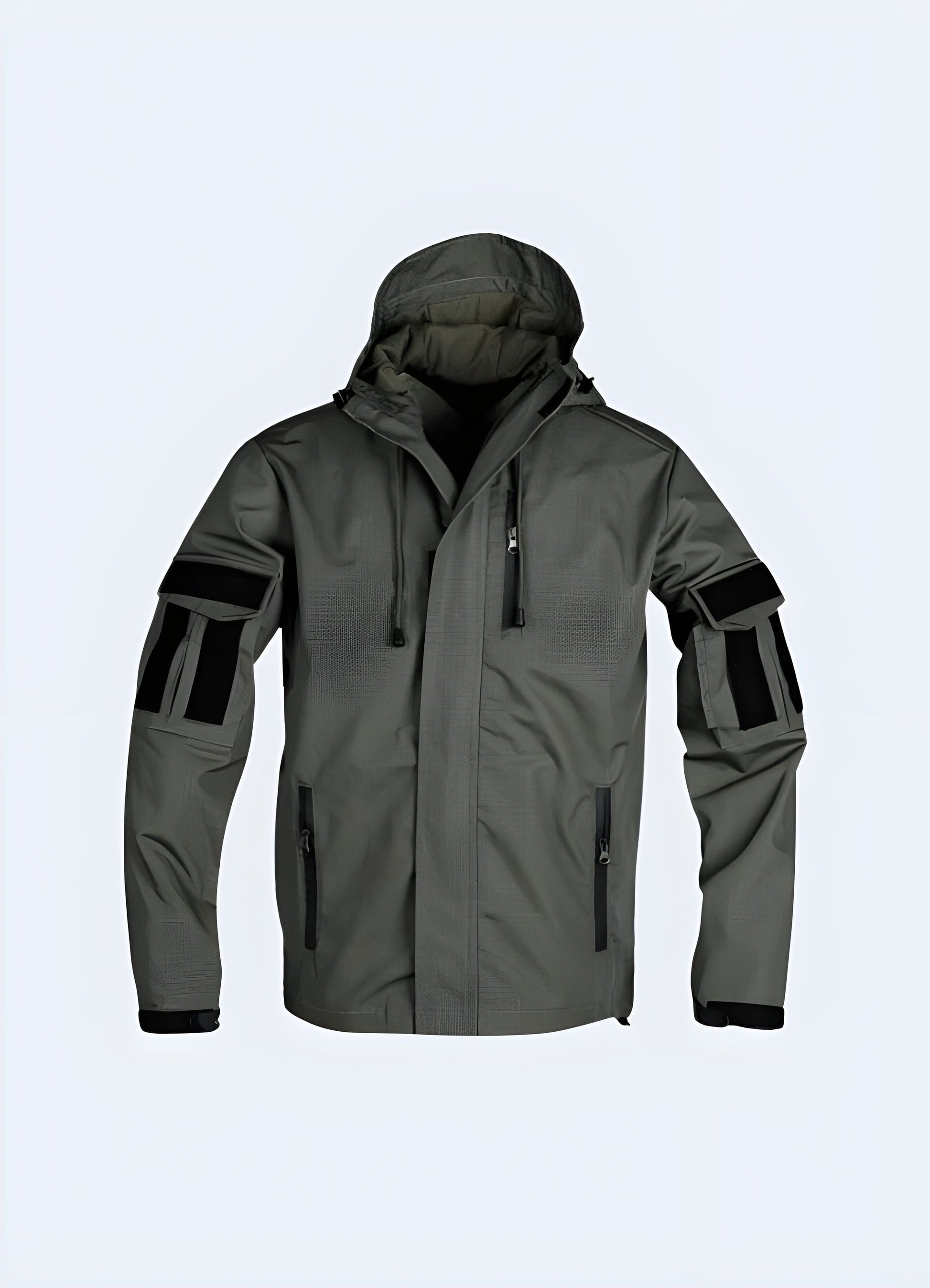 Front side view of a green tactical jacket showcasing its multiple pockets, highlighting the practical storage options and rugged construction, perfect for UK consumers seeking a reliable and feature-rich outerwear solution.