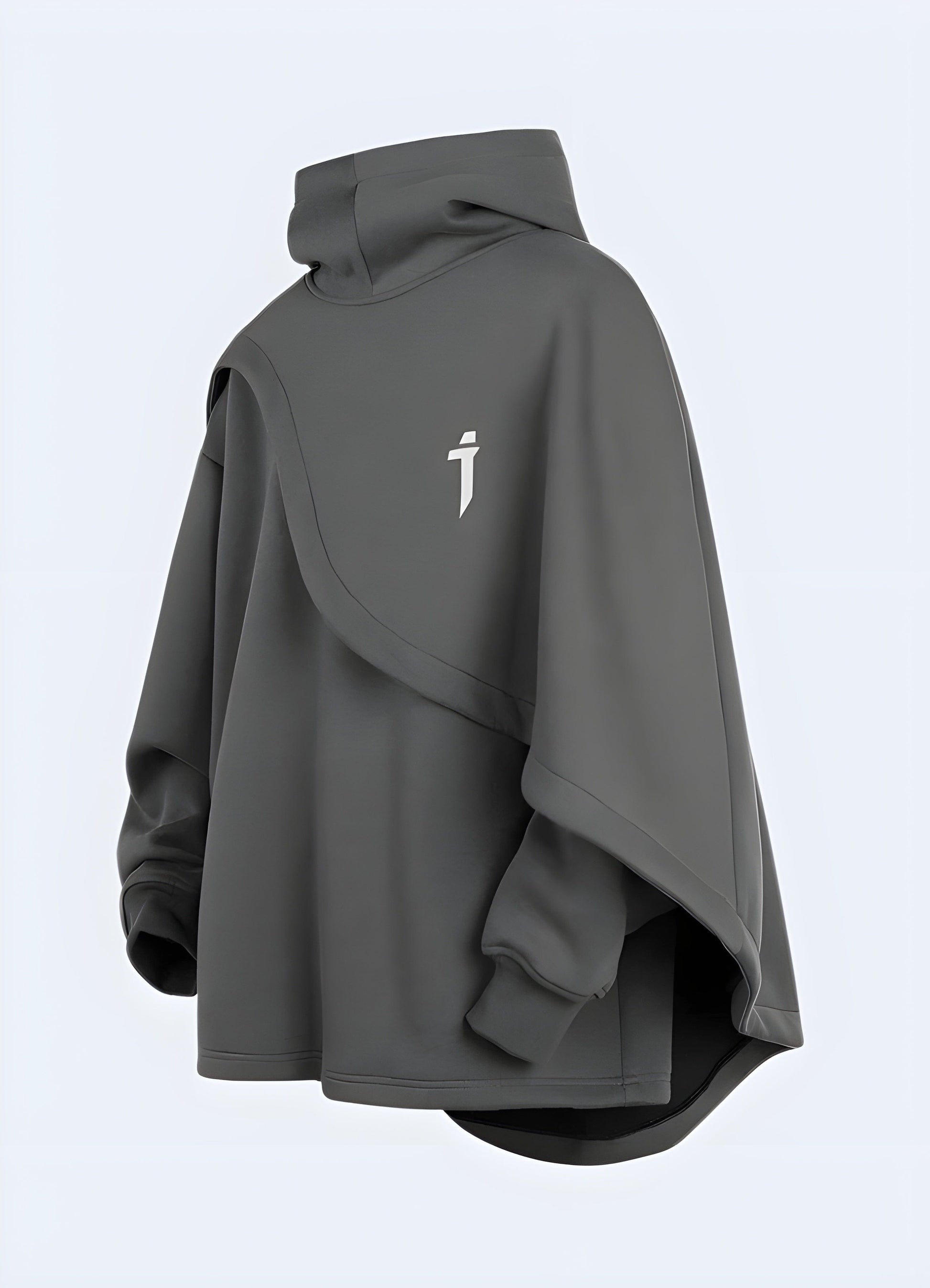 Model showcasing the front side view of a grey cloak hoodie, emphasizing its stylish and functional features, ideal for elevating any urban ensemble in the UK.