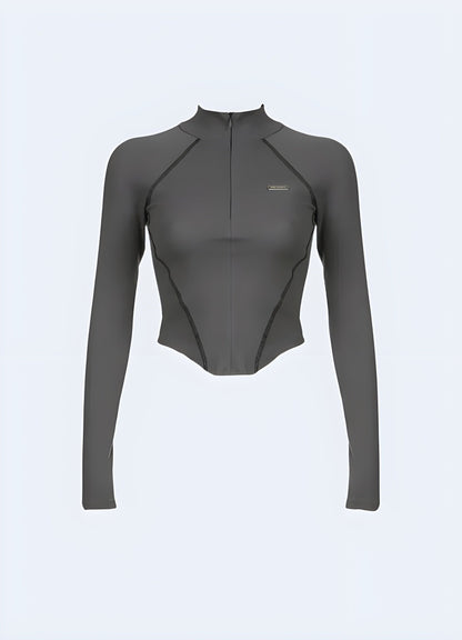 Front view of a grey techwear long sleeve shirt, highlighting its sleek design and advanced fabric technology for fashion-forward individuals in the UK.