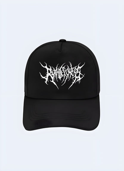 Black grunge techwear cap with rugged design, front view. Versatile cap that complements a grunge-inspired wardrobe.