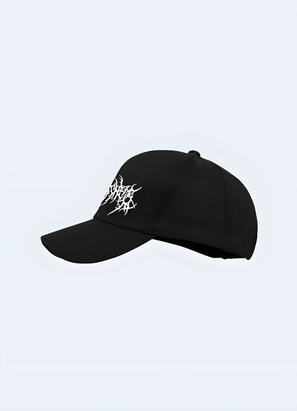 Black grunge techwear cap with rugged design, side view. Perfect accessory for a streetwear and techwear fusion.