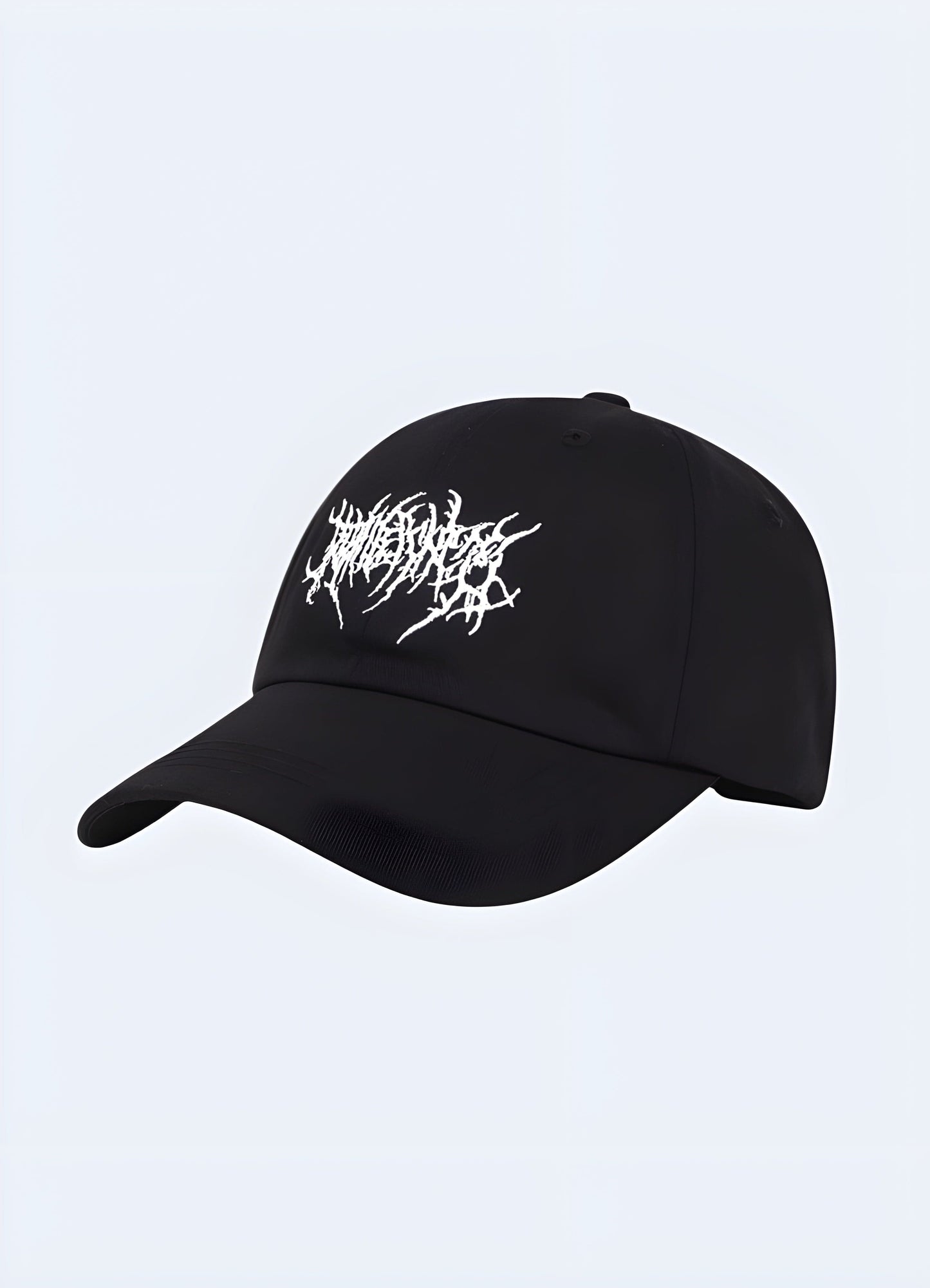 Black grunge techwear cap with rugged design, front view. Edgy and stylish cap for alternative fashion lovers.