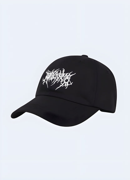 Black grunge techwear cap with rugged design, front view. Edgy and stylish cap for alternative fashion lovers.