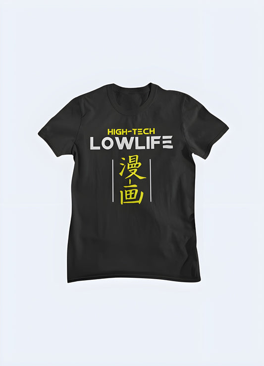 Trendy "High Tech Low Life" shirt inspired by cyberpunk culture, perfect for urban fashion enthusiasts in the UK.