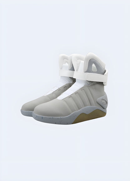 High-top futuristic sneakers in white, side view in the UK. Clean and contemporary design.