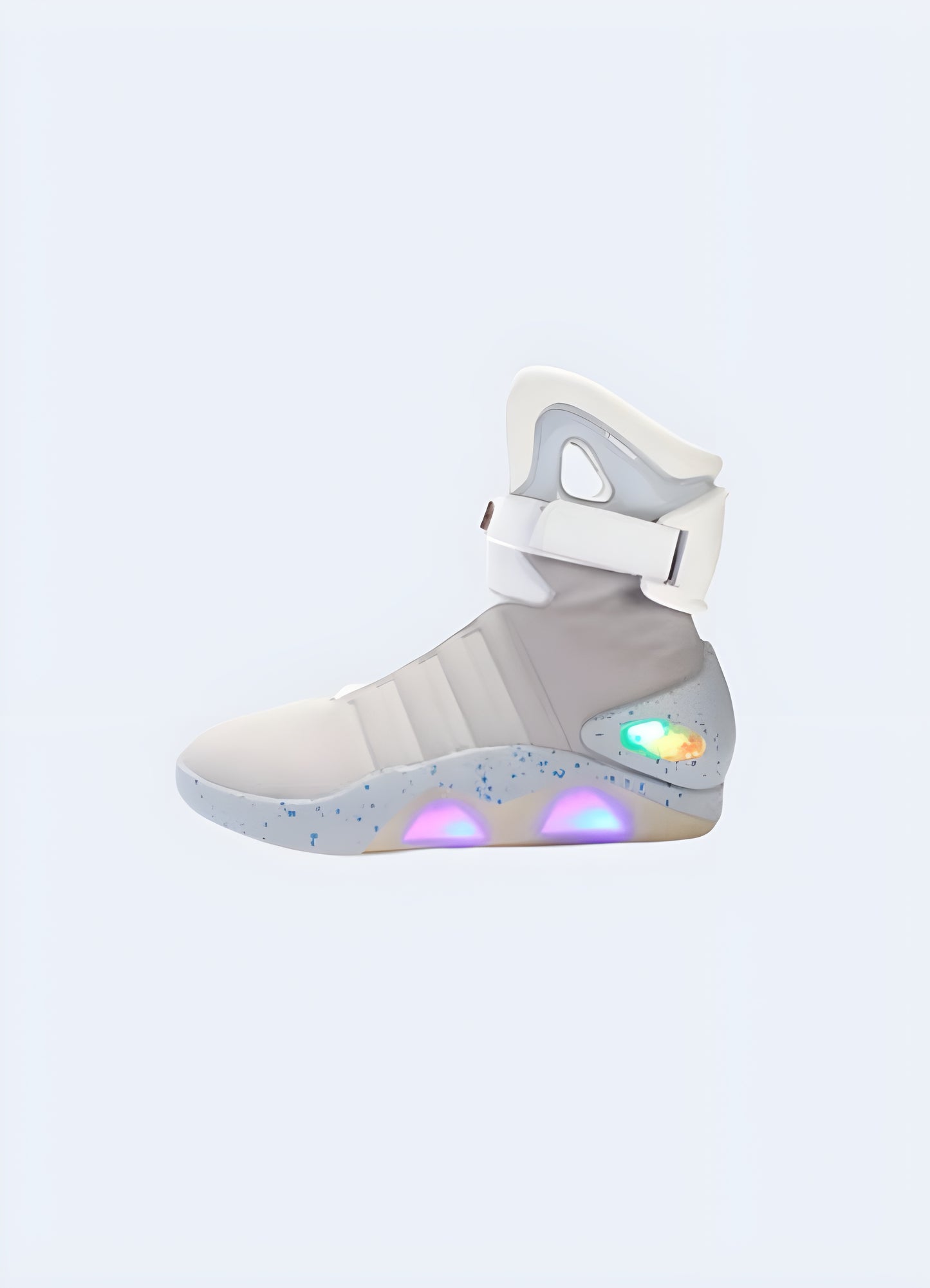 Side view of high-top futuristic sneakers in grey, showcasing their sleek and modern silhouette, ideal for elevating UK urban outfits with a touch of avant-garde style.