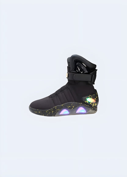 High-top futuristic sneakers side view in the UK. Sleek and innovative design.