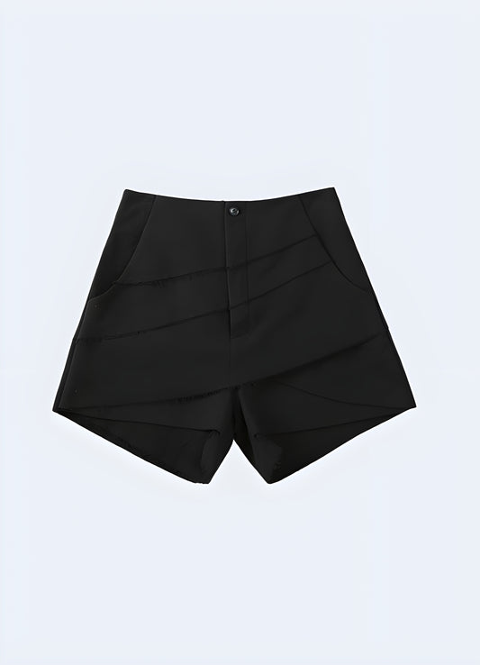 Front view of high-waisted black techwear shorts for women, showcasing a modern design with functional details, ideal for stylish urban fashion in the UK.