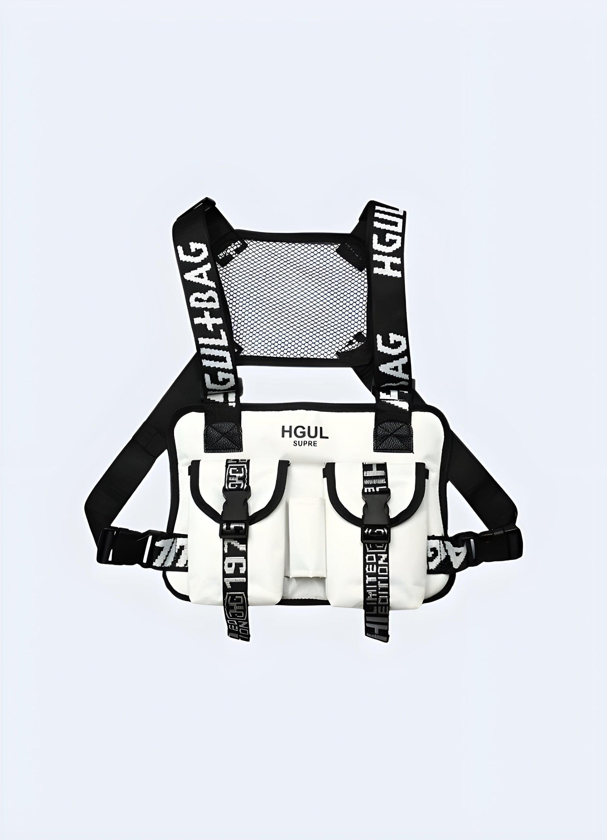 White hip-hop chest bag front view, UK. Stylish and versatile accessory.