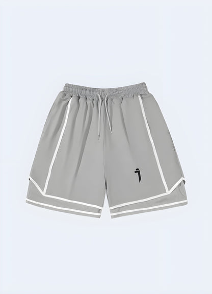 Grey hip-hop techwear shorts with a modern design, front view, ideal for urban style enthusiasts in the UK.