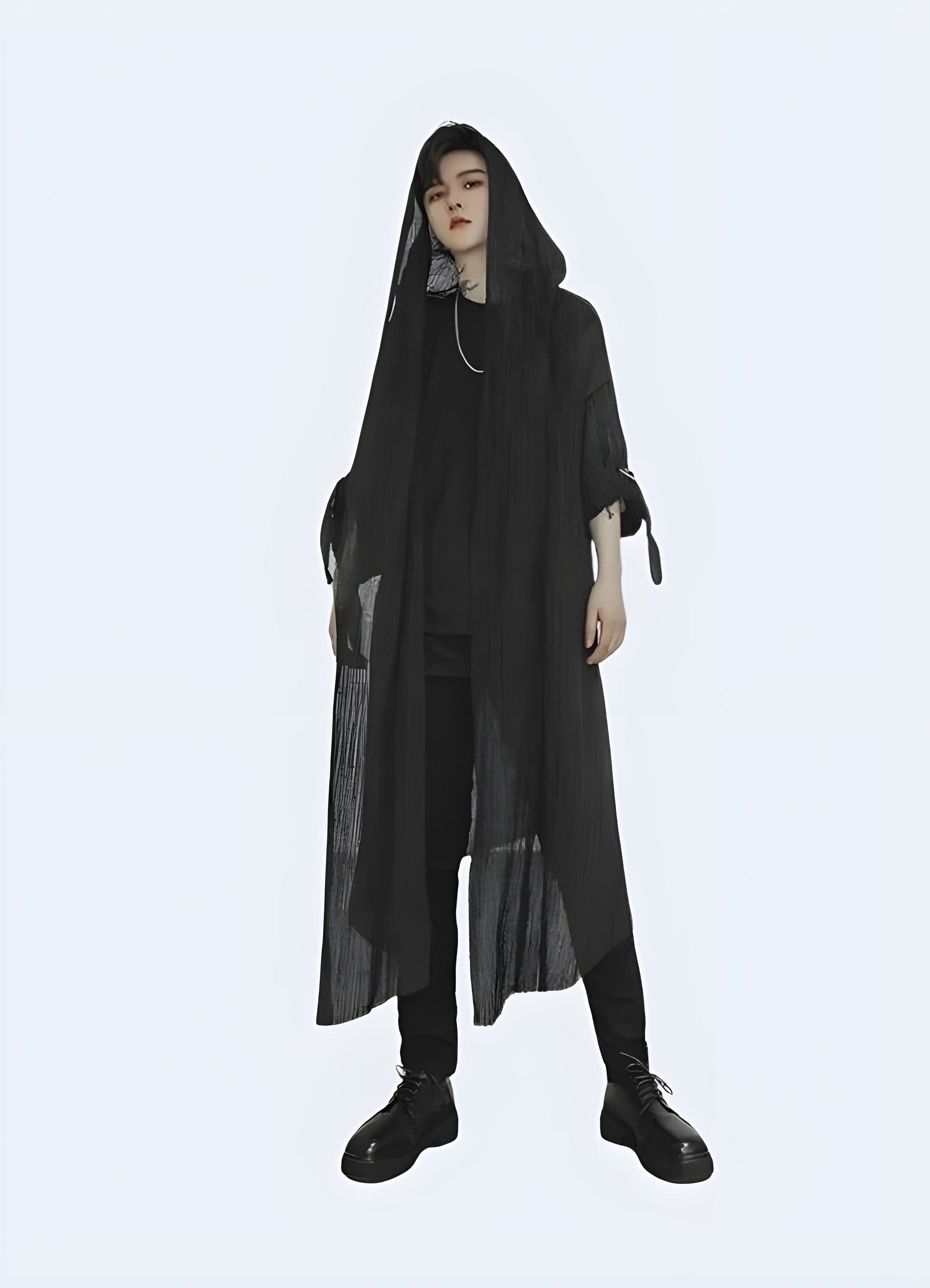 Front view of a trendy hooded streetwear cloak, showcasing its unique design and urban-inspired style, perfect for making a bold fashion statement in the UK.