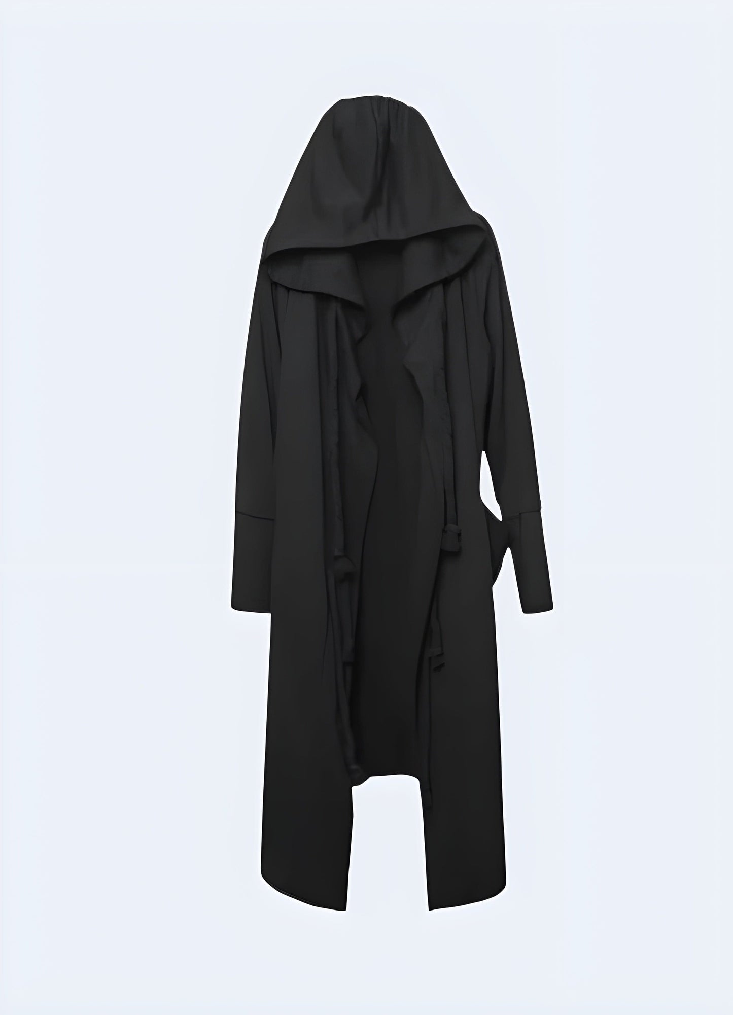 Model presenting the front view of a hooded technical cloak, highlighting its cutting-edge design and versatile style, perfect for tech-savvy fashion enthusiasts in the UK.