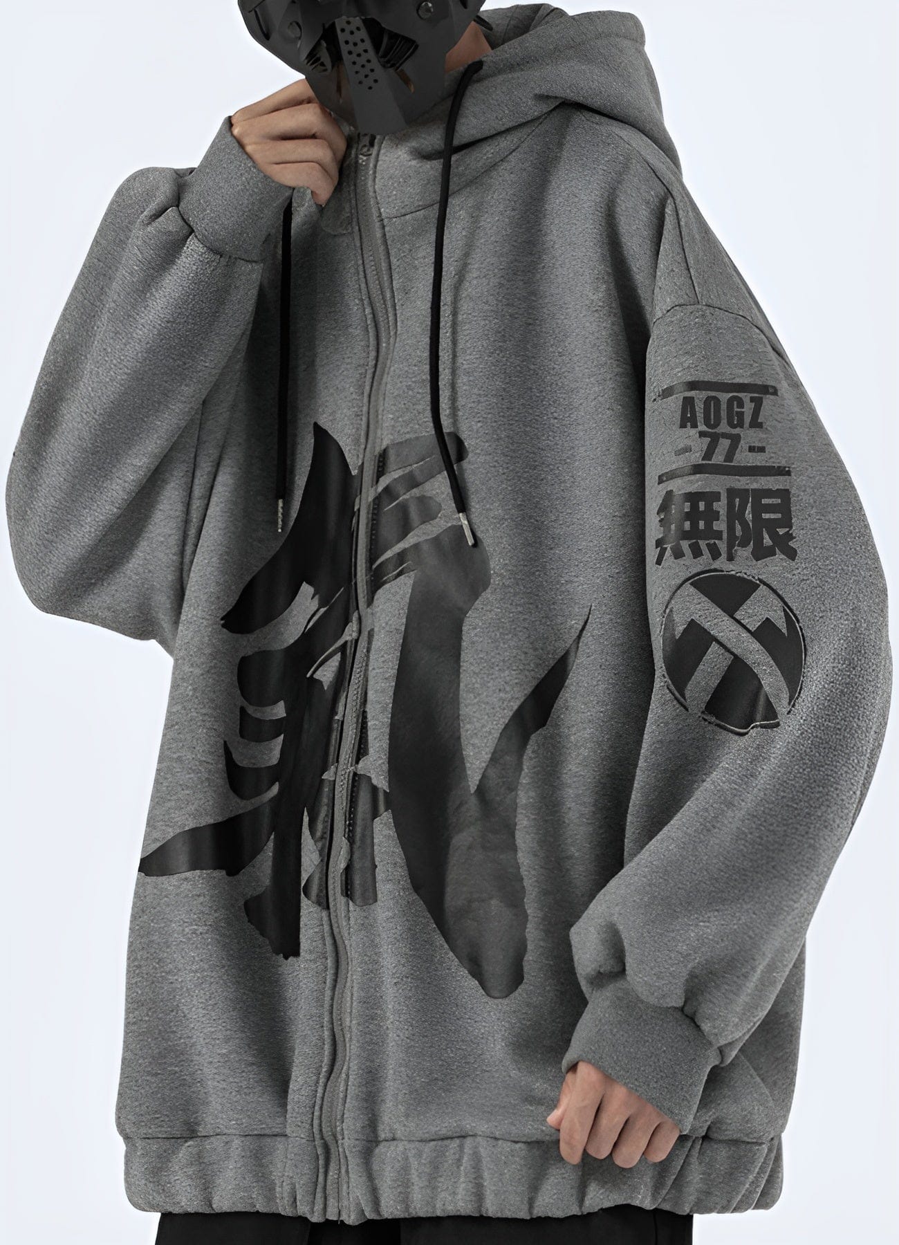   Side view of a man wearing a black Japanese kanji print hoodie, left side, UK store.