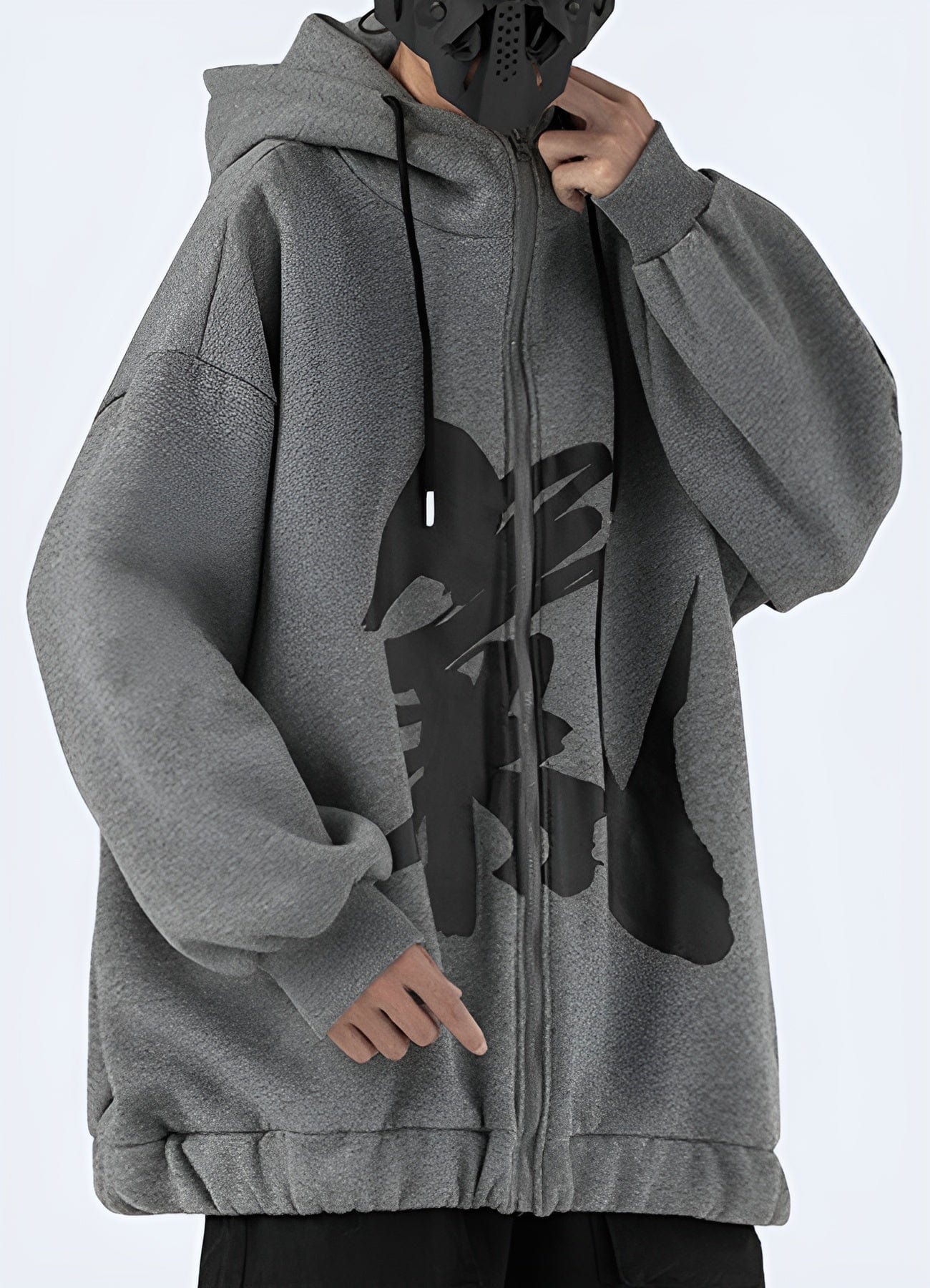 Side view of a man wearing a black Japanese kanji print hoodie, right side, UK store.