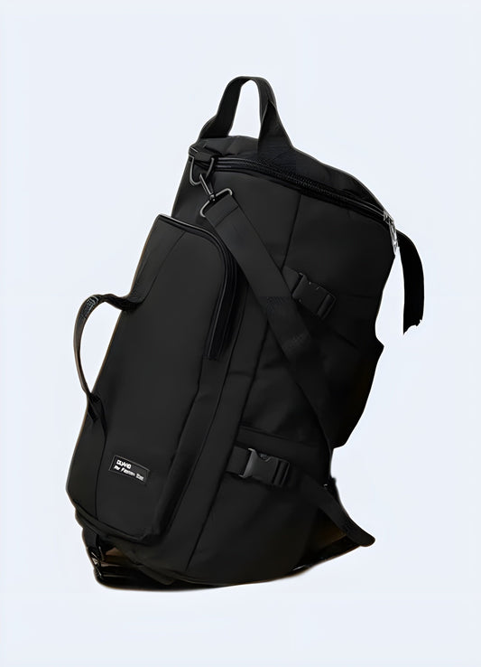 A white Japanese streetwear backpack displayed from the front, showcasing its minimalist design and fashionable appeal for the UK market.