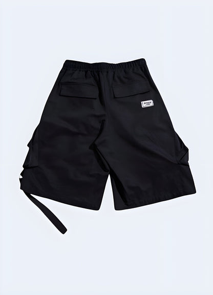 Back view of Japanese streetwear shorts, featuring an avant-garde design and high-quality construction, suitable for the UK streetwear connoisseur.