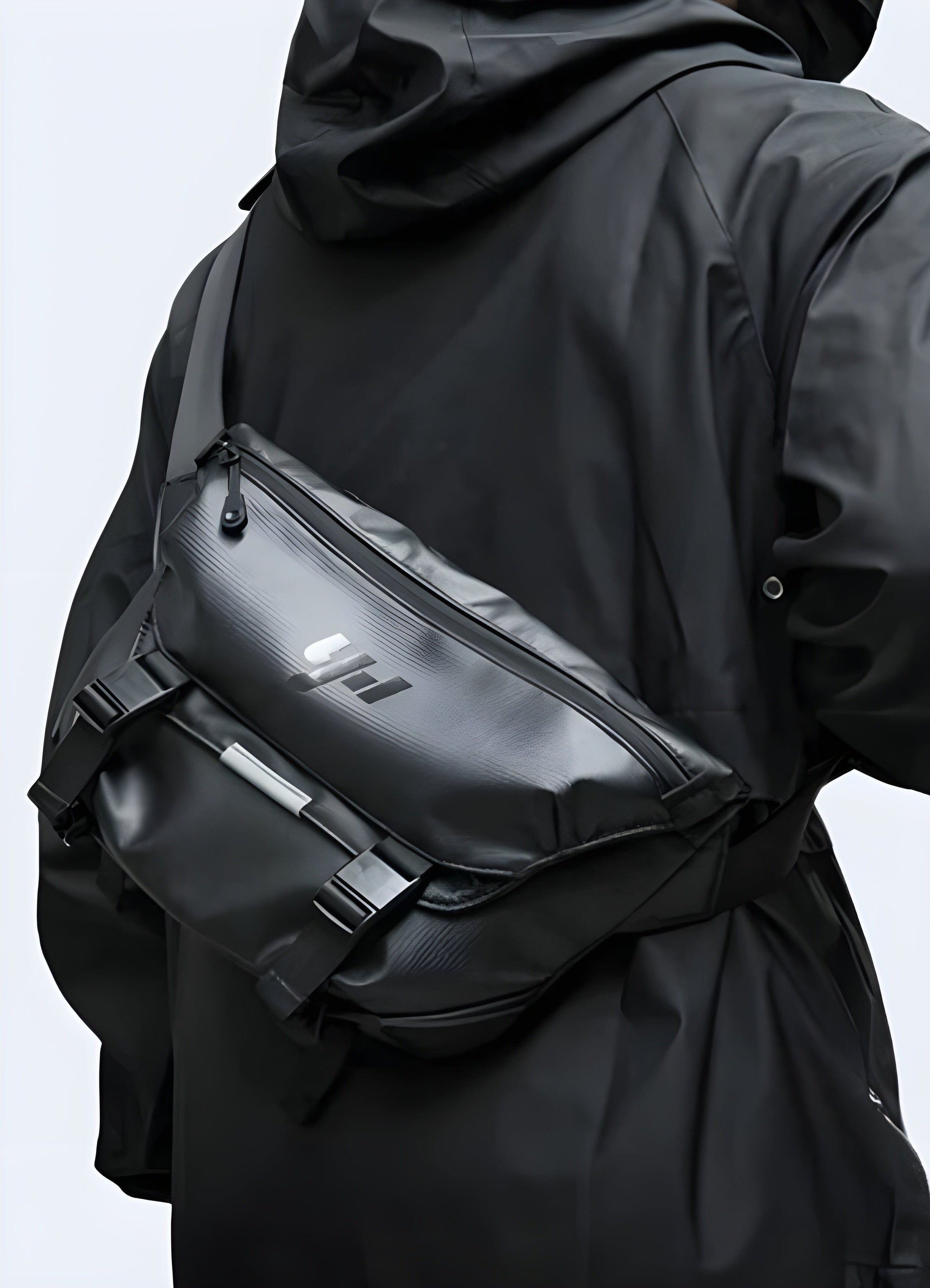 Front view of a Japanese techwear crossbody bag being worn, from the UK, highlighting its stylish and practical design.