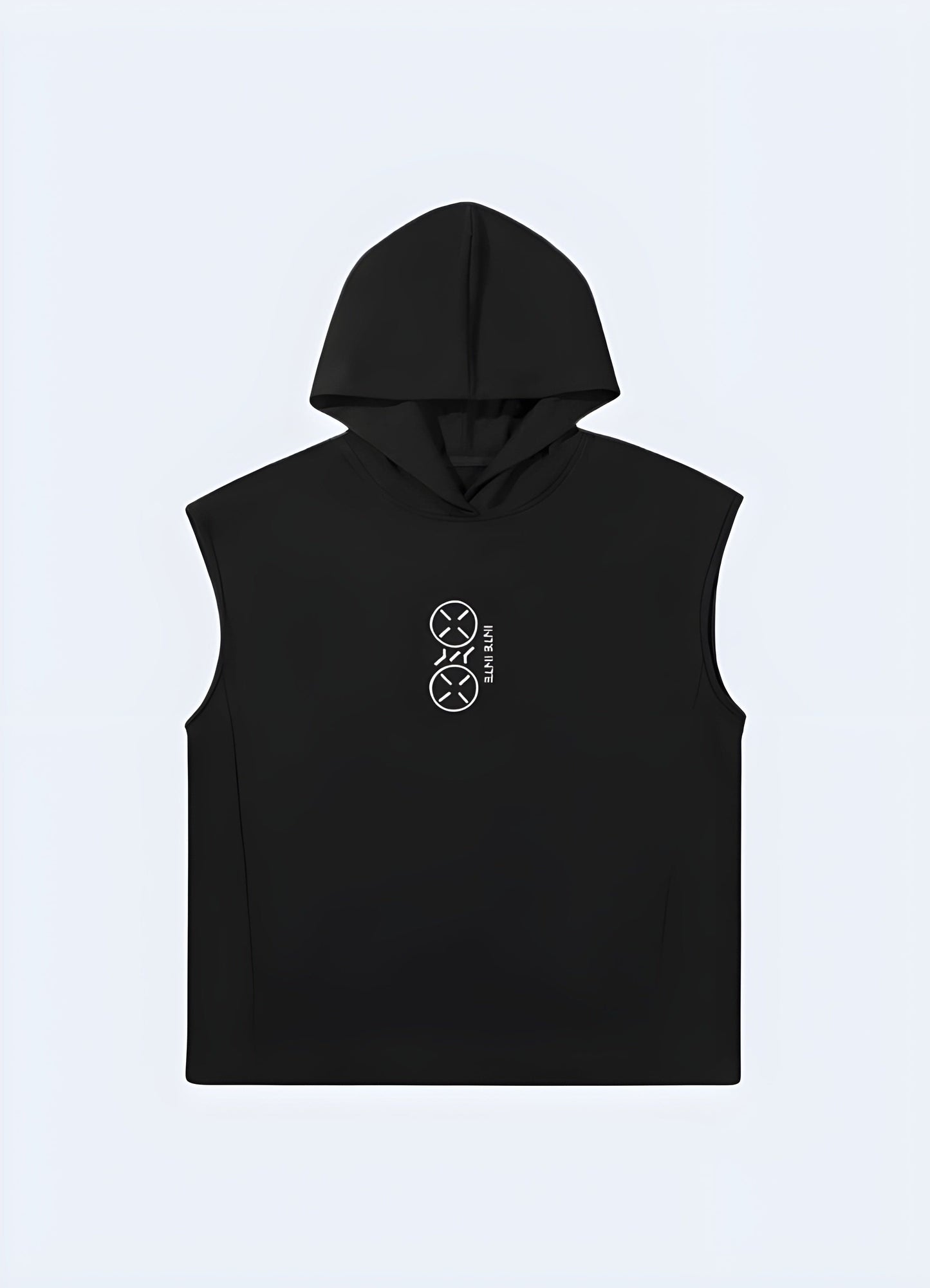 Front view of a Japanese techwear hoodie showcasing its unique design elements, such as asymmetric zippers, technical fabrics, and a futuristic look.