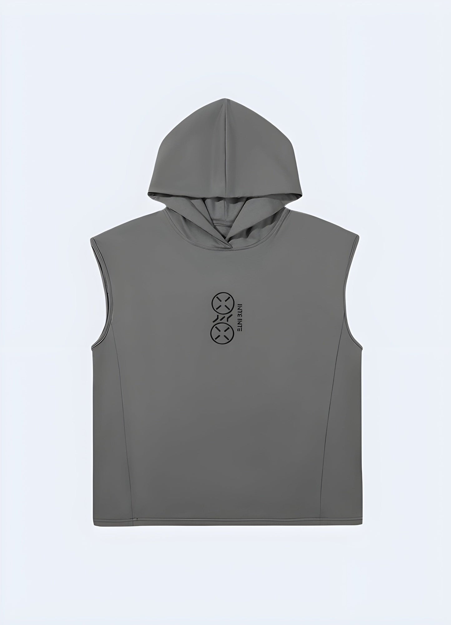 Front view of a grey Japanese techwear hoodie, showcasing the innovative design, technical fabrics, and urban aesthetics influenced by Japanese fashion and functionality.