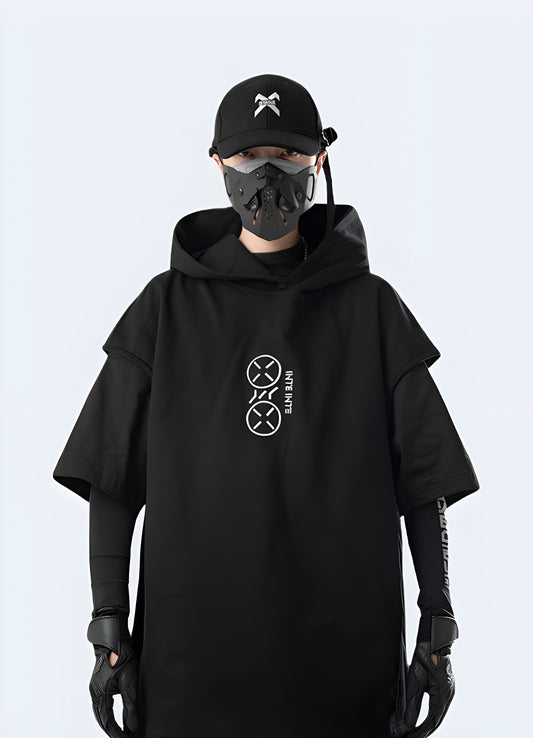 Japanese-inspired techwear hoodie with unique design elements and high-quality materials.