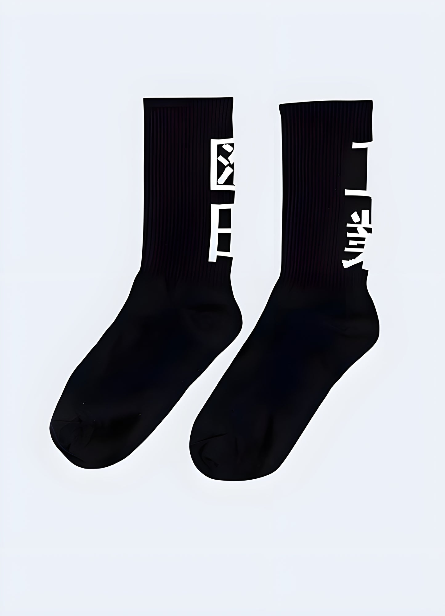 Black socks featuring bold kanji characters, perfect for expressing your love for Japanese culture in the UK.