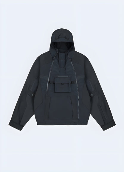 Stylish black windbreaker with bold Japanese kanji text print, perfect for techwear enthusiasts in the UK.