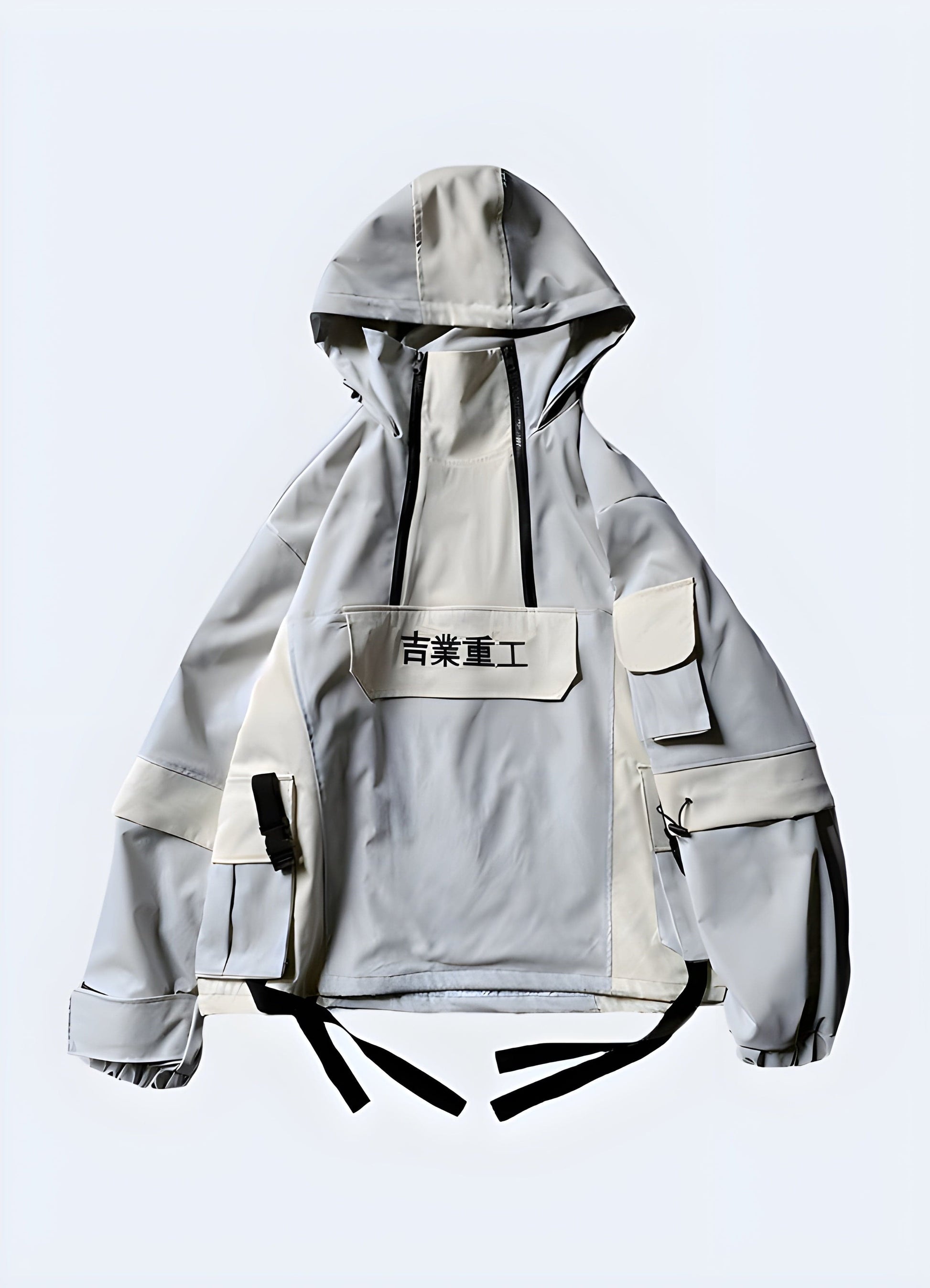 Front view of a fashionable techwear kanji windbreaker with Japanese-inspired design, available in the UK.