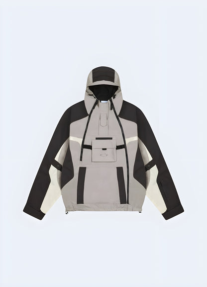 Front view of a fashionable techwear kanji windbreaker with Japanese-inspired design, available in the UK.