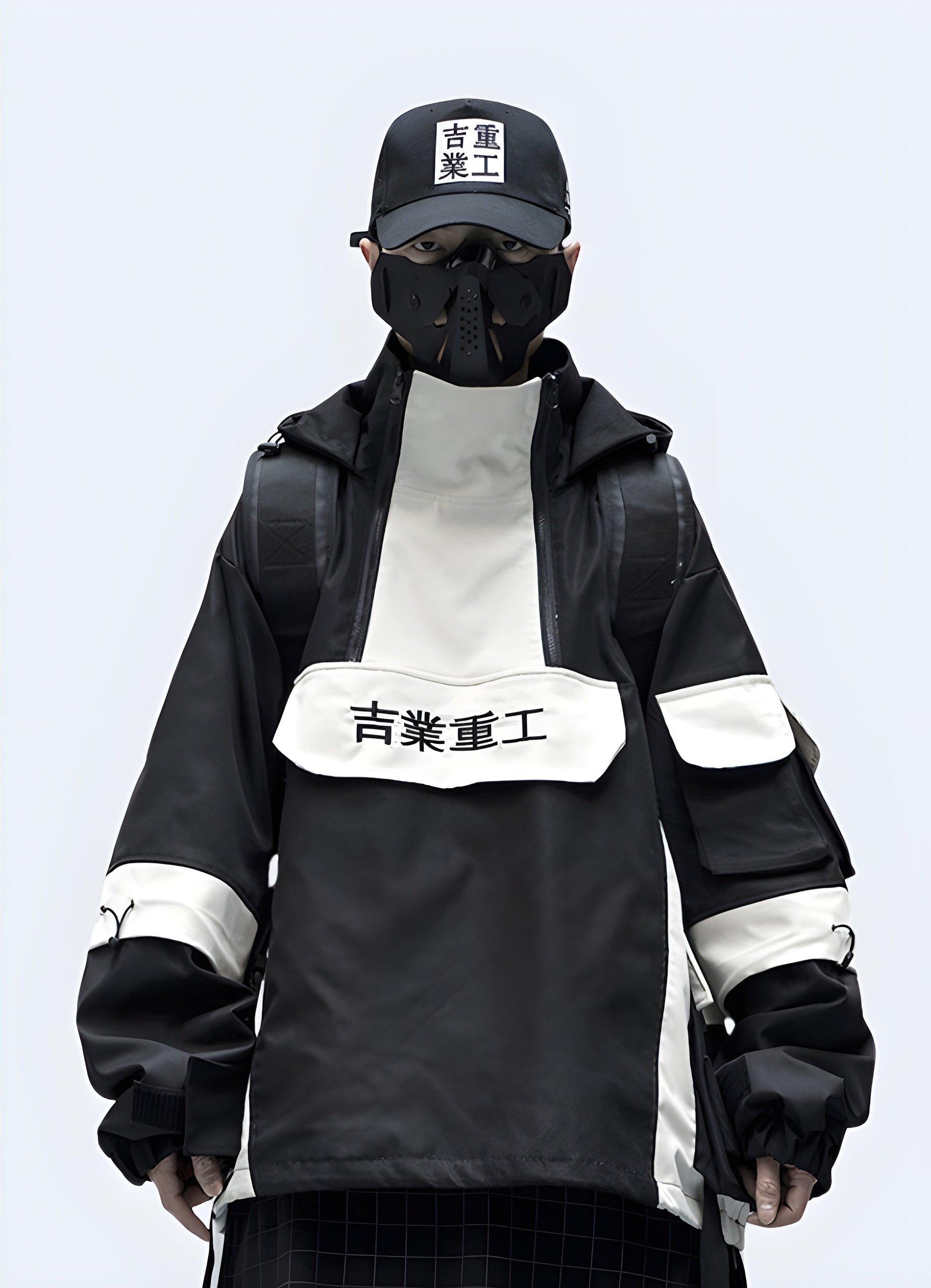 Stylish black windbreaker with bold Japanese kanji text print, perfect for techwear enthusiasts in the UK.