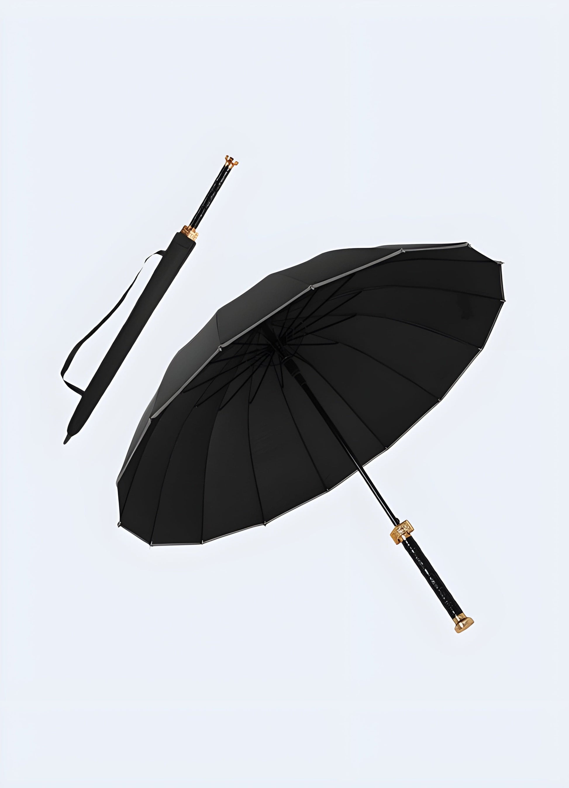 Katana sword style umbrella with 16 ribs providing extra wind resistance, available in the UK.