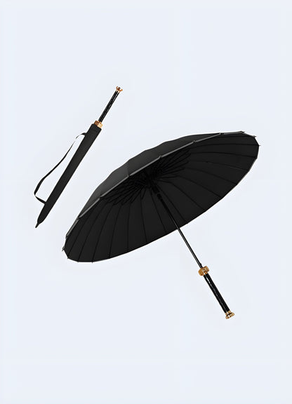 Katana sword style umbrella boasting 24 ribs for superior sturdiness, available in the UK.