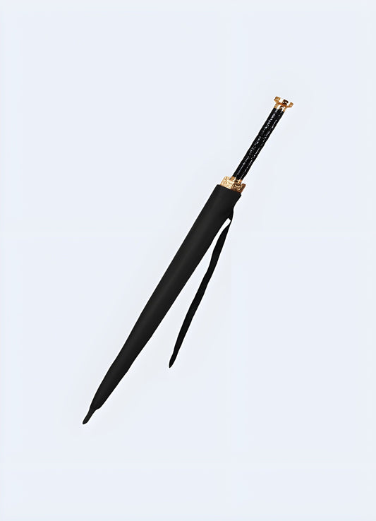 Katana sword style umbrella with a long handle resembling a Japanese samurai sword, available in the UK.