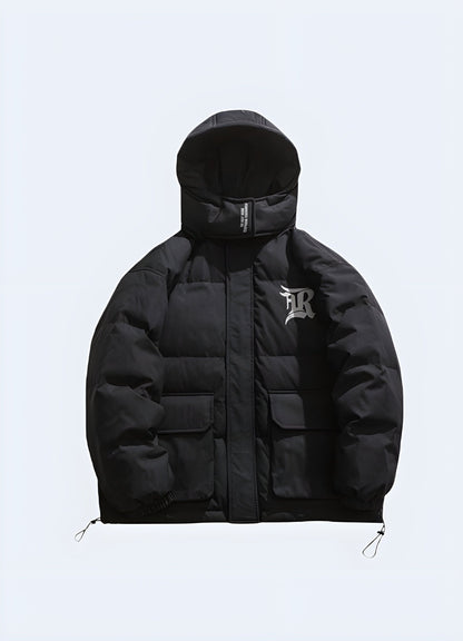 Front view of the black Korean techwear jacket, highlighting its clean lines and functional features, ideal for the UK's fashion-conscious crowd.