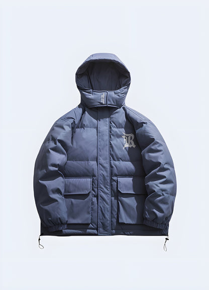 Front view of the blue Korean techwear jacket, showcasing its contemporary design and functionality, perfect for the UK's techwear aficionados.