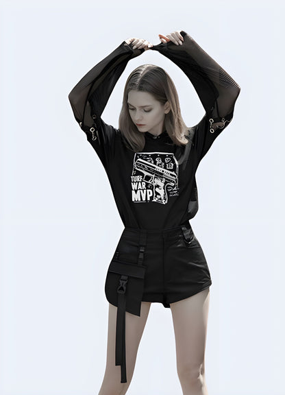 Front view of trendy Korean techwear shorts, showcasing a modern and sleek design.