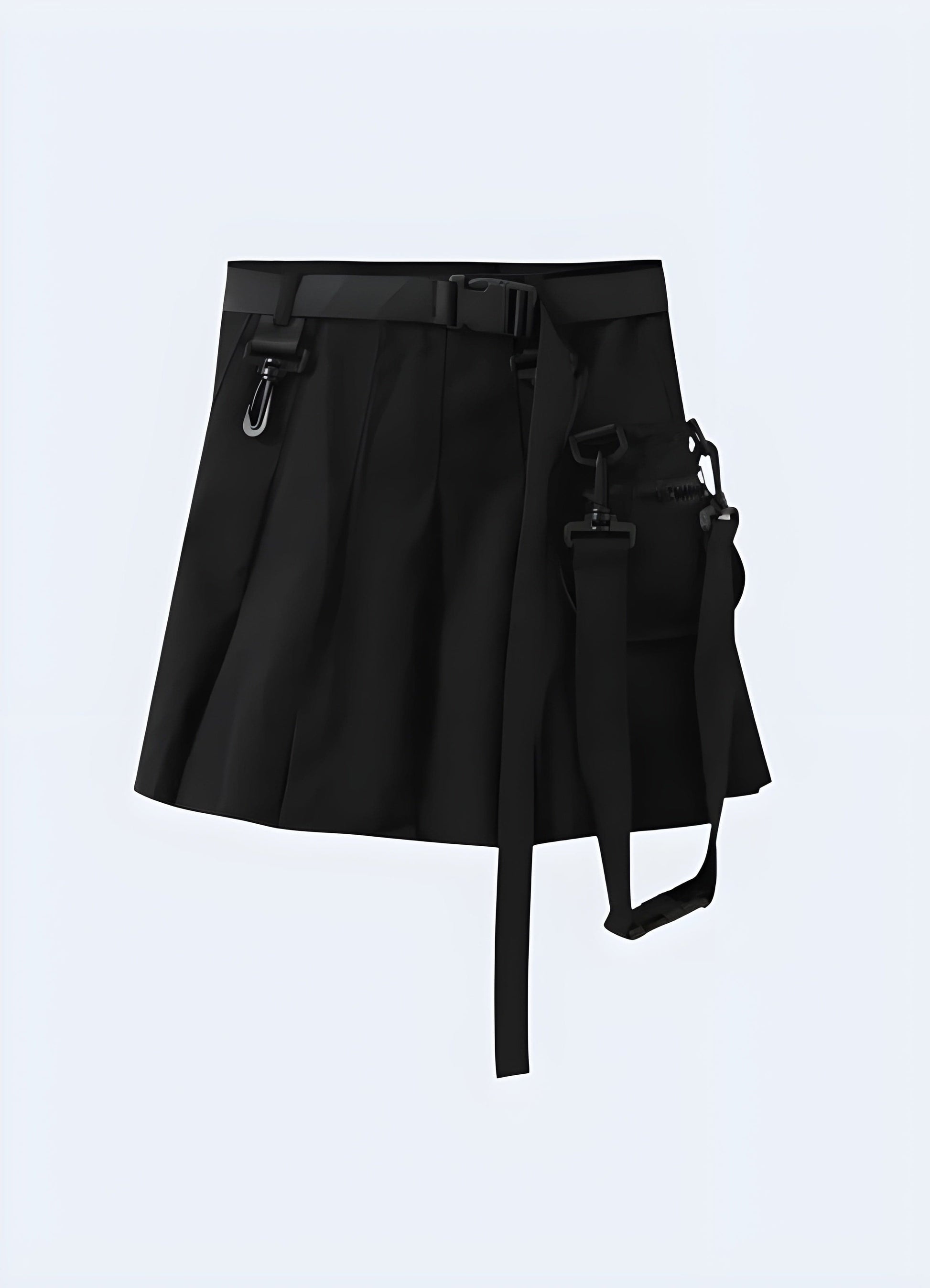 Korean Techwear skirt combining innovative materials and avant-garde design, perfect for fashion-forward individuals seeking a modern and edgy look for urban environments.