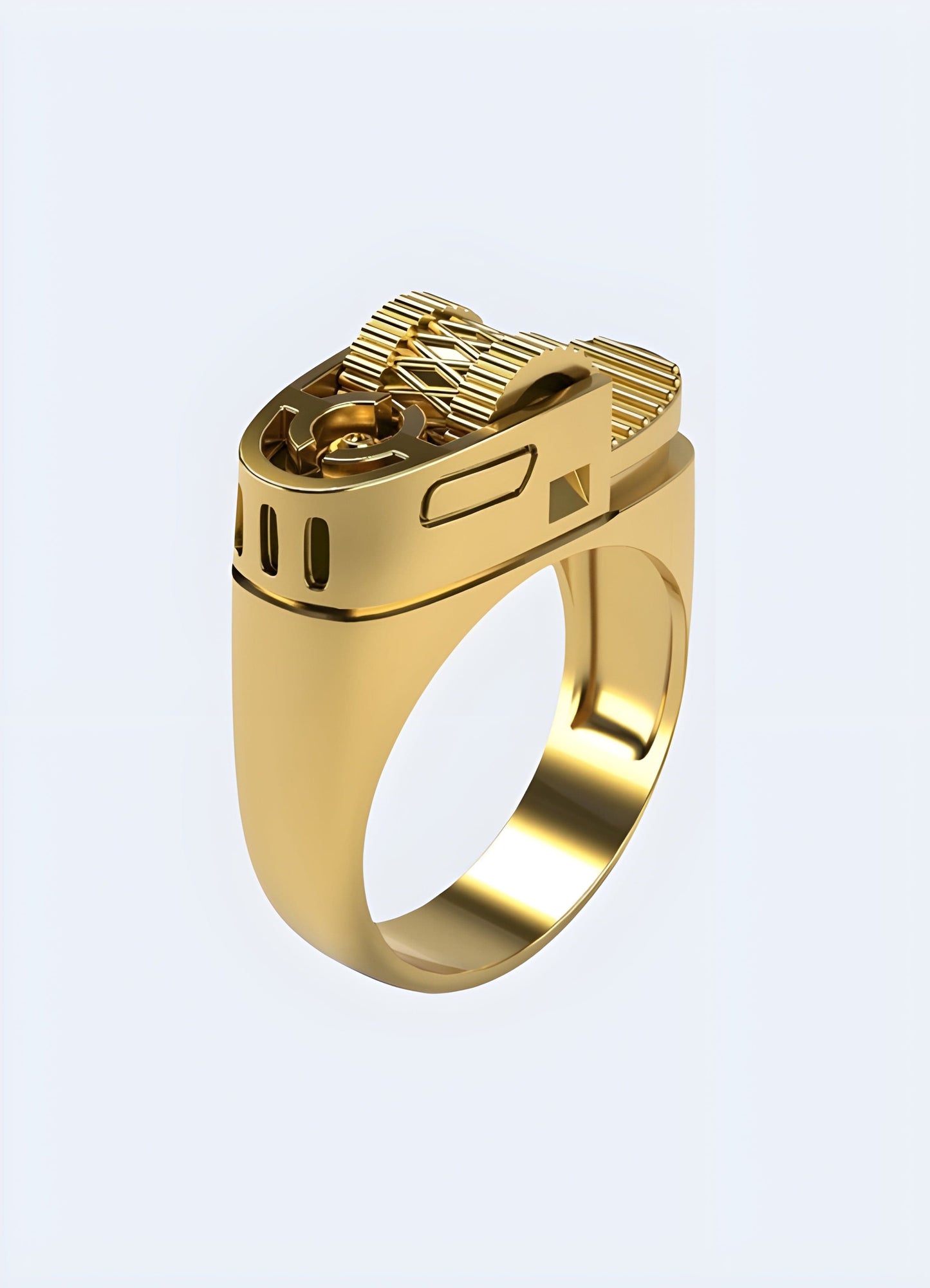 A unique gold lighter ring, combining functionality with style, shown against a plain background to emphasize its innovative design and metallic sheen.