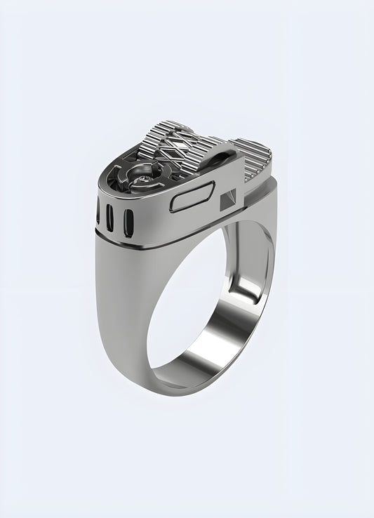 A stylish silver lighter ring, featuring a front view that highlights its sleek and functional design, perfect for adding a touch of modern elegance to any outfit.