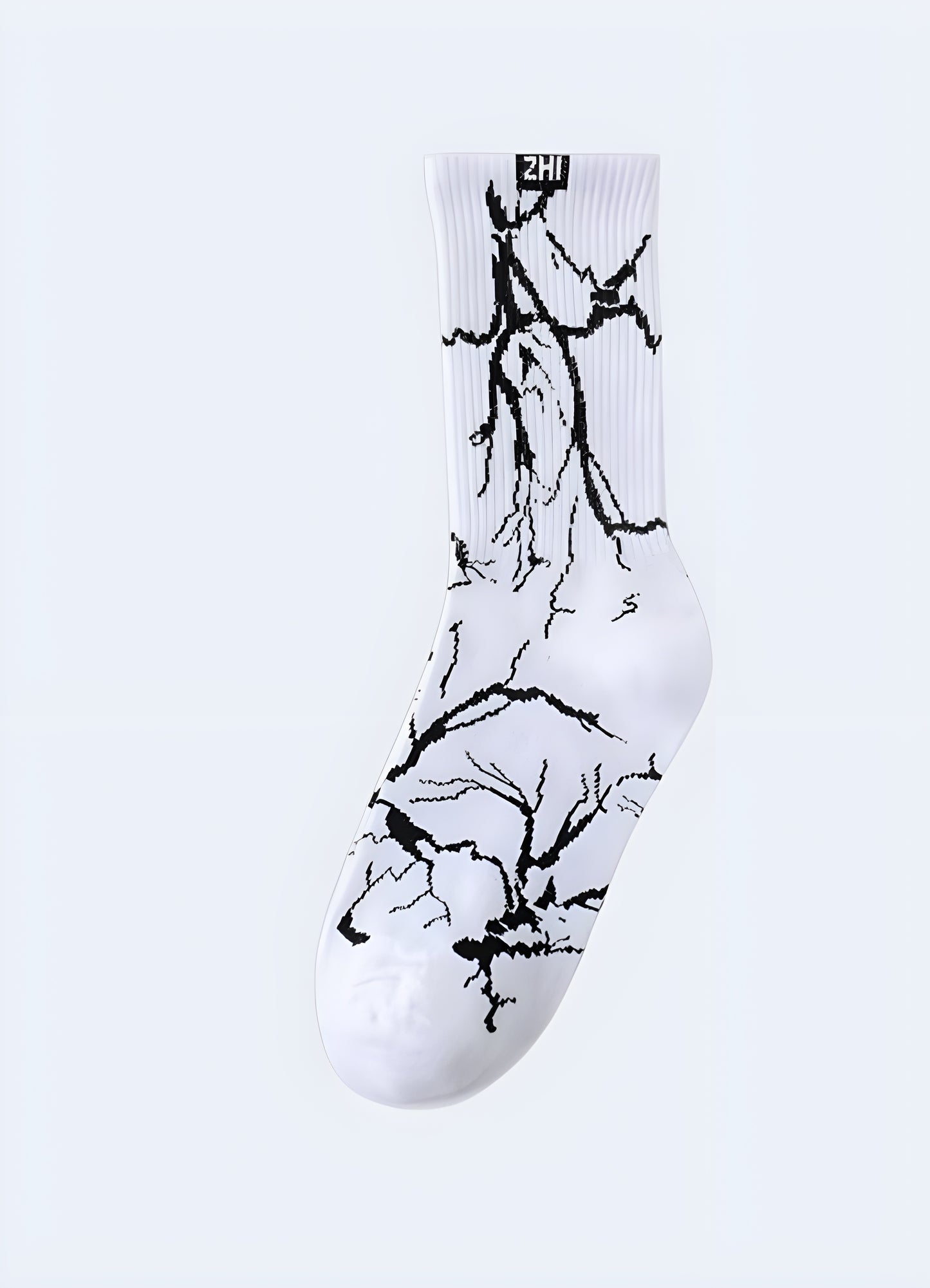 Sleek black socks showcasing an eye-catching lightning bolt print, suitable for those seeking an edgy and energetic style.