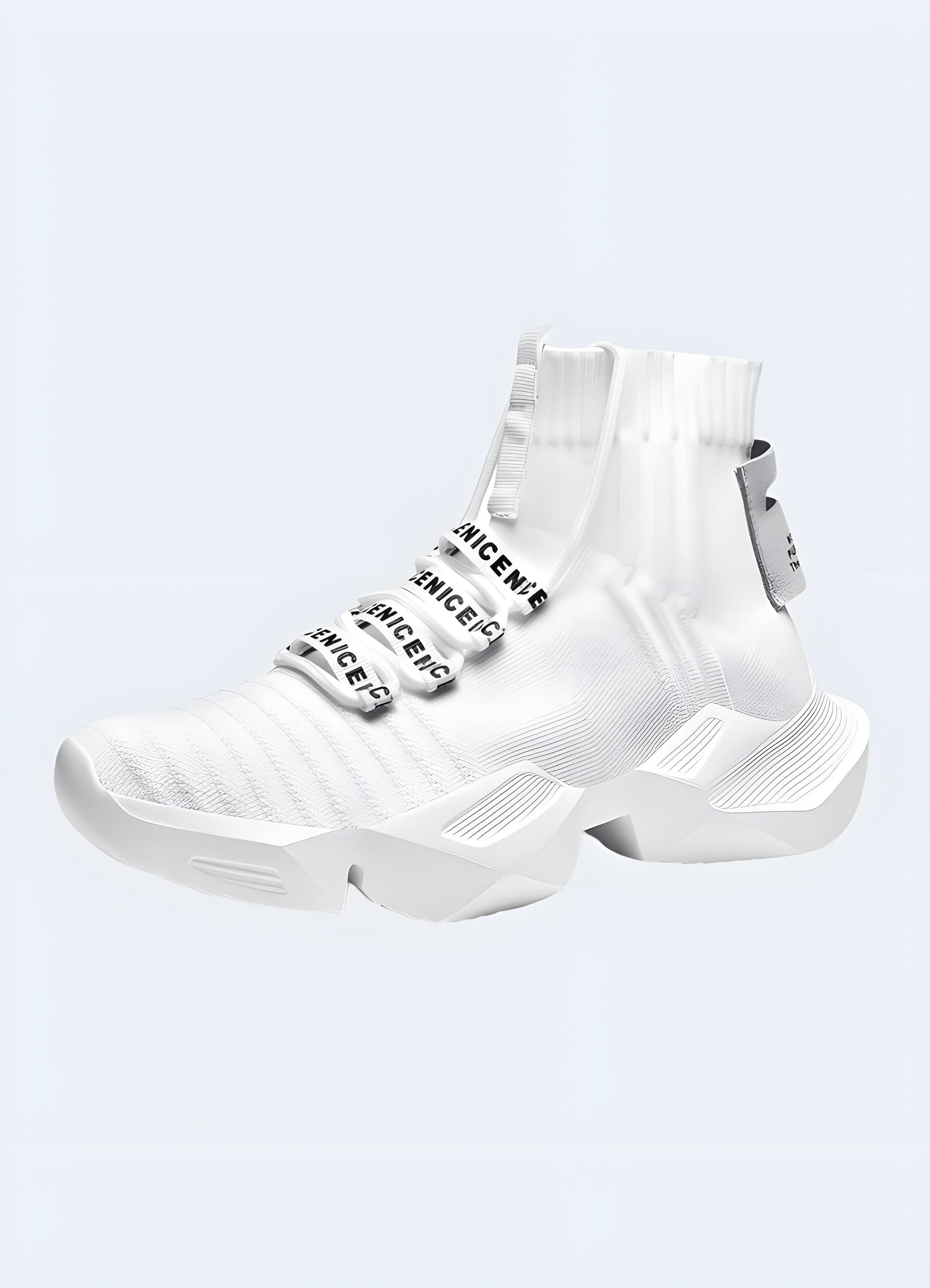 Front and side view of crisp white lightweight techwear sneakers, featuring a minimalist design that appeals to style-conscious UK individuals.