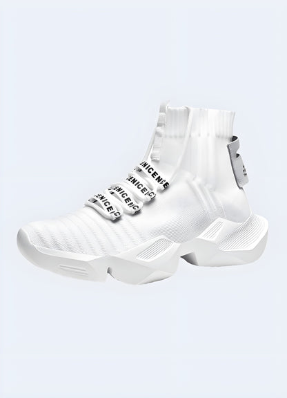 Front and side view of crisp white lightweight techwear sneakers, featuring a minimalist design that appeals to style-conscious UK individuals.