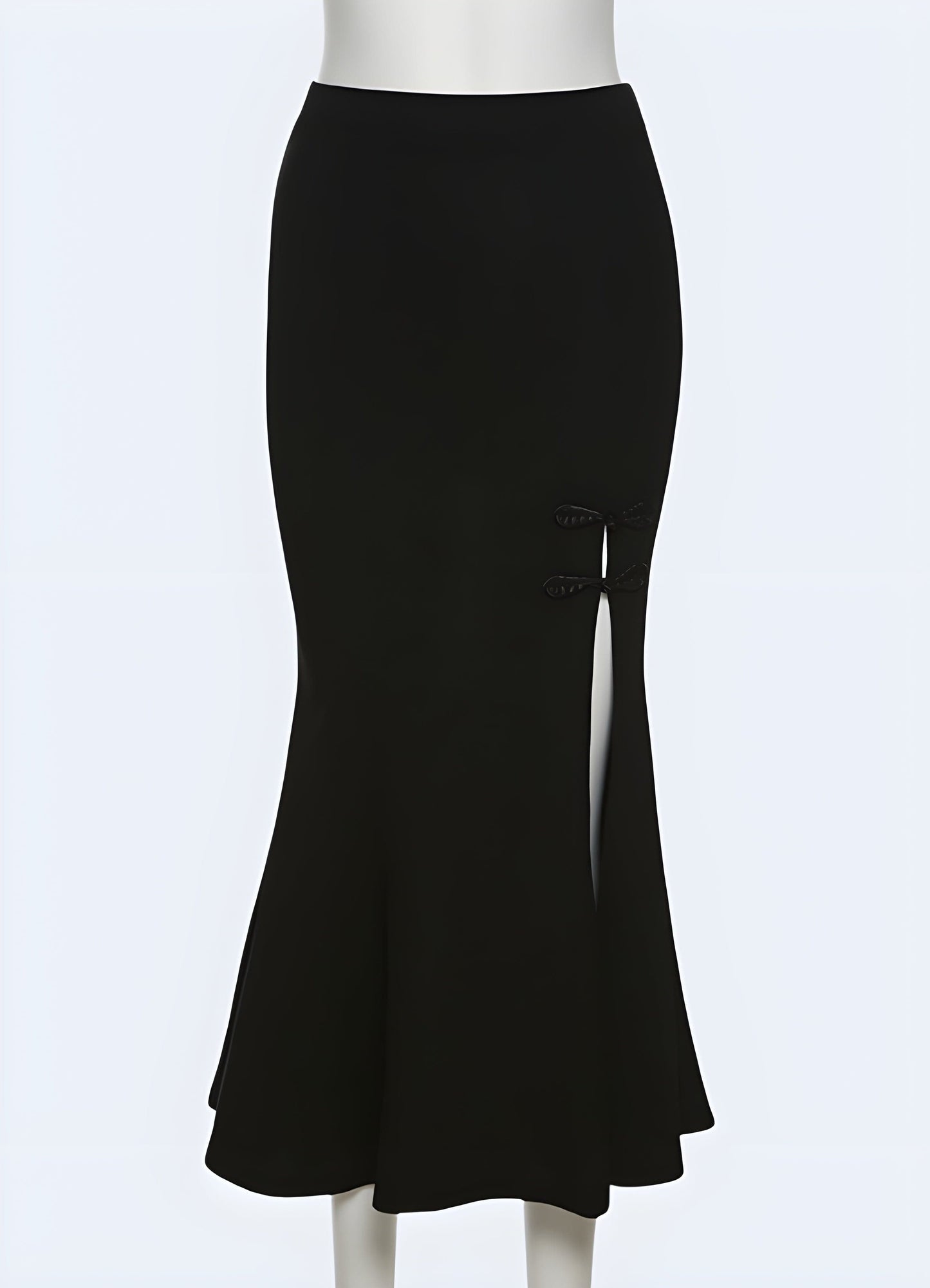 Front view of a long black gothic skirt, emphasizing its striking visual appeal and high-quality craftsmanship for those embracing the gothic style in the UK.