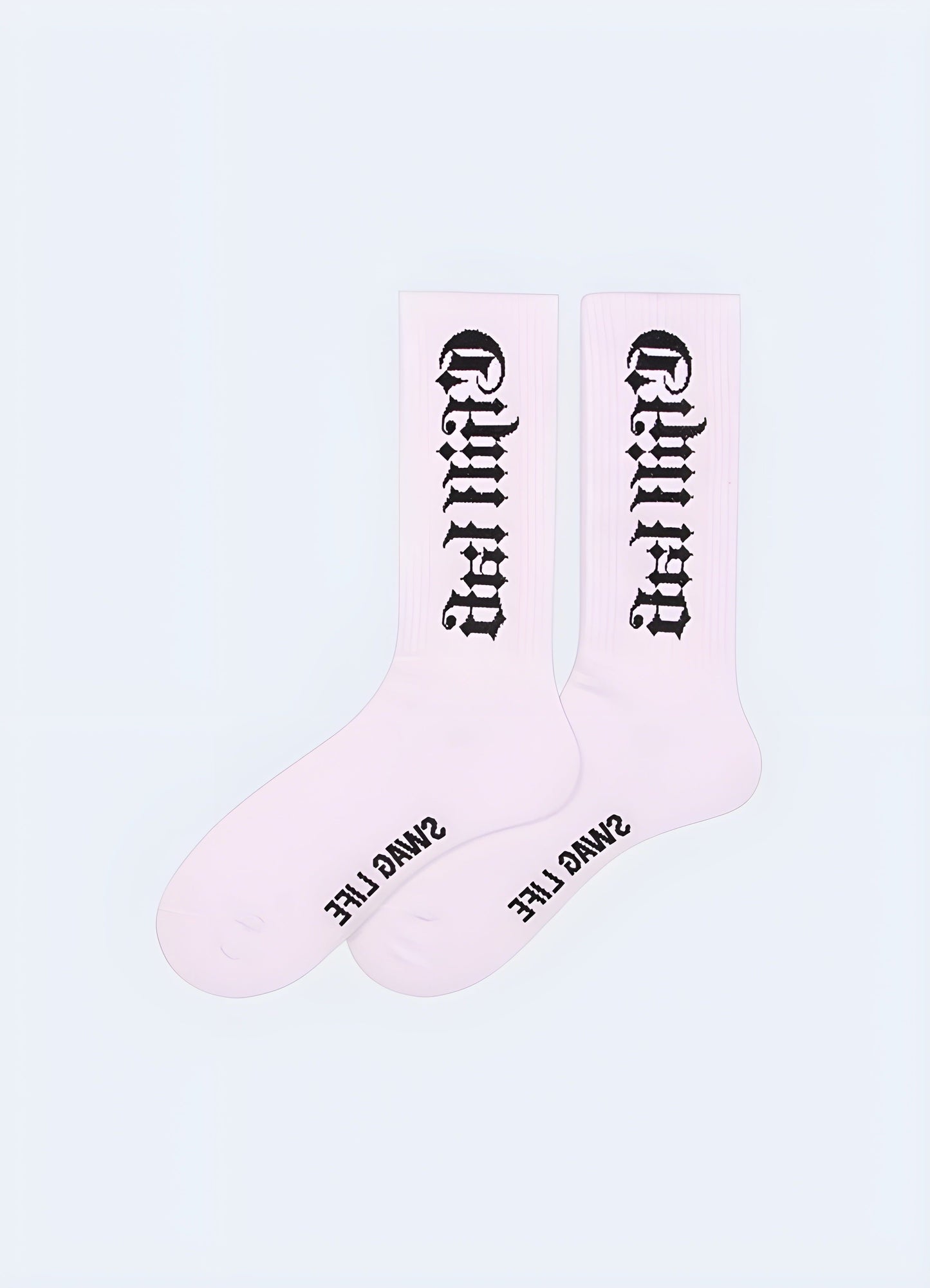 Side view of white long gothic socks, showcasing the detailed patterns and high-quality materials that appeal to UK fans of gothic style.