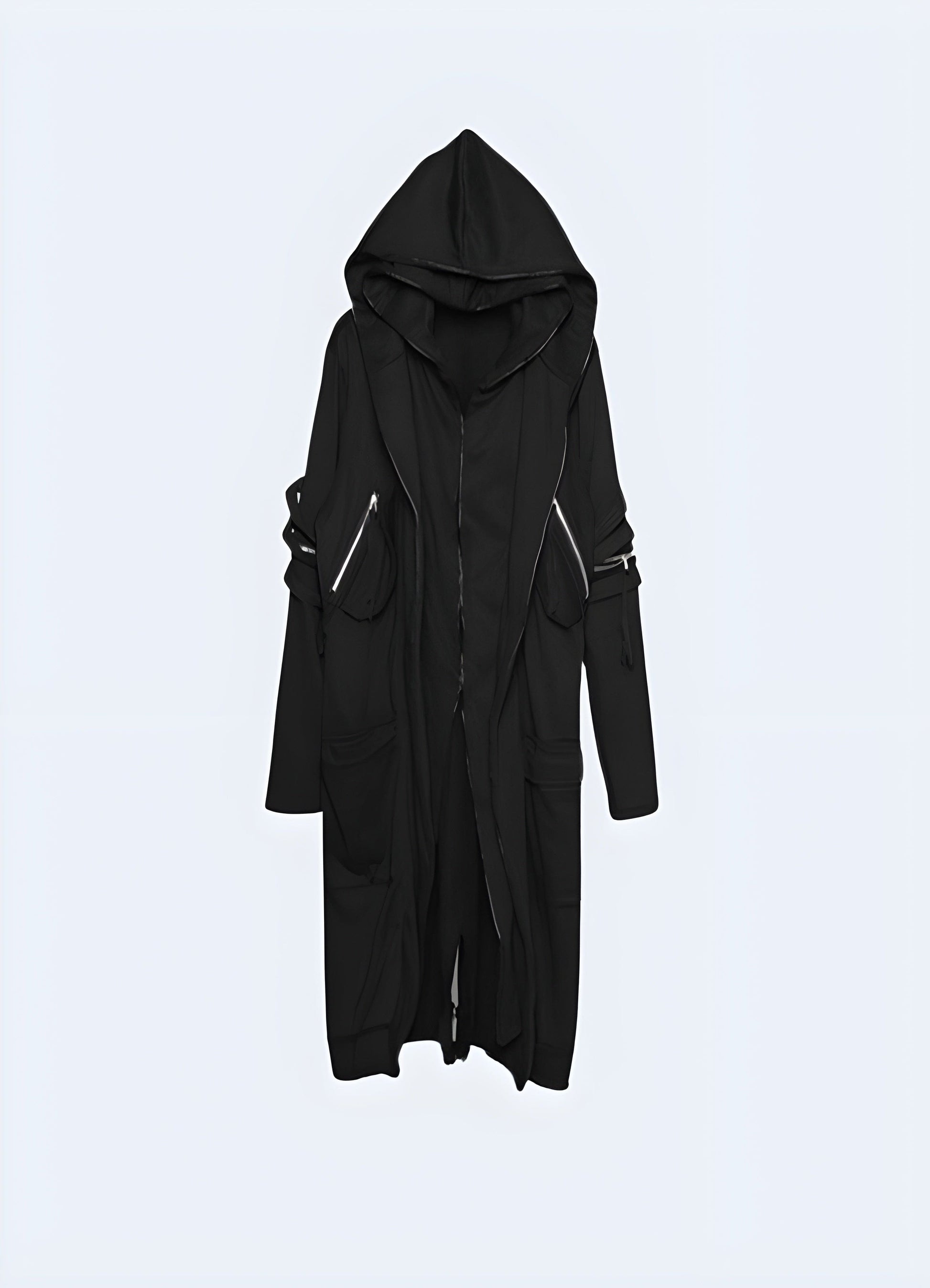 Front view of a long techwear jacket, highlighting its modern aesthetics and functional materials, ideal for fashion-savvy UK customers looking for a versatile and high-performance outerwear solution.