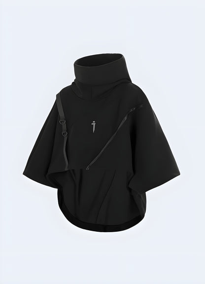 Front view of a sleek, black functional hoodie featuring a full-zip closure, adjustable hood, and moisture-wicking fabric for optimal performance during workouts and outdoor adventures.