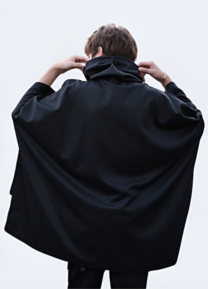 Front view of a high collar poncho, highlighting the unique collar detail and versatile style, suitable for various occasions in the UK fashion scene.