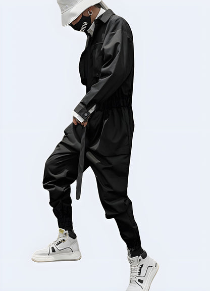 Side view of a man modeling black cargo overalls, highlighting the versatile and rugged design perfect for outdoor adventures and urban fashion in the UK.