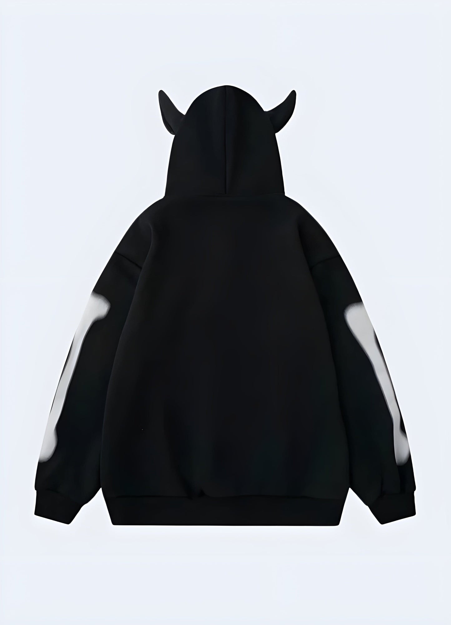 Back view of a man modeling a trendy black hoodie featuring eye-catching horn details, ideal for alternative fashion in the UK.