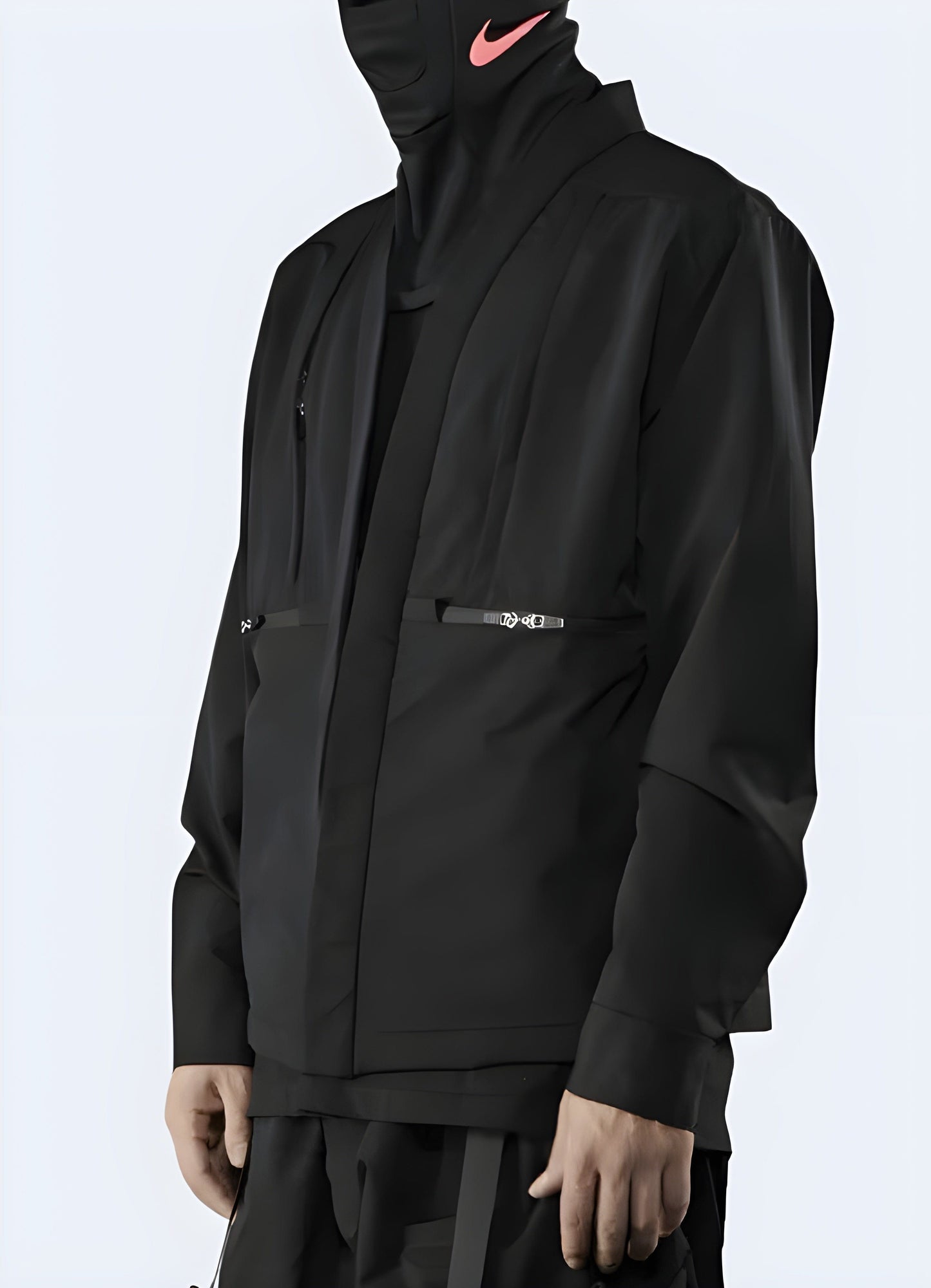 Sleek black kimono jacket front side view for men, combining traditional Japanese style with modern fashion, perfect for the UK urban streetwear scene.