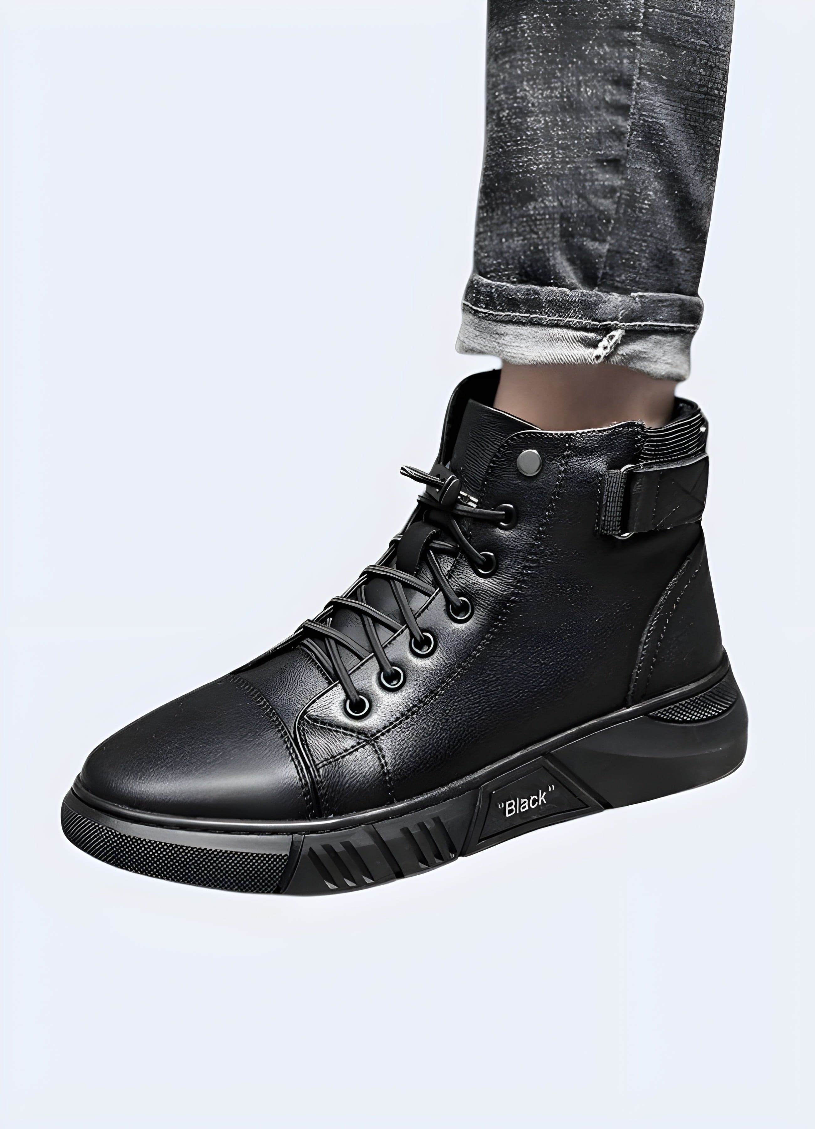 Black Leather High Top Sneakers Blackout Techwear UK